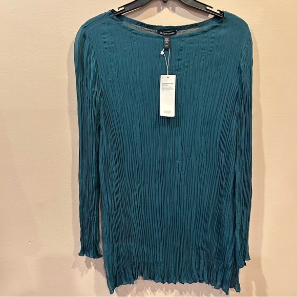 Eileen Fisher Crinkle Silk Georgette Boat Neck Long Sleeve Easy Fit Top